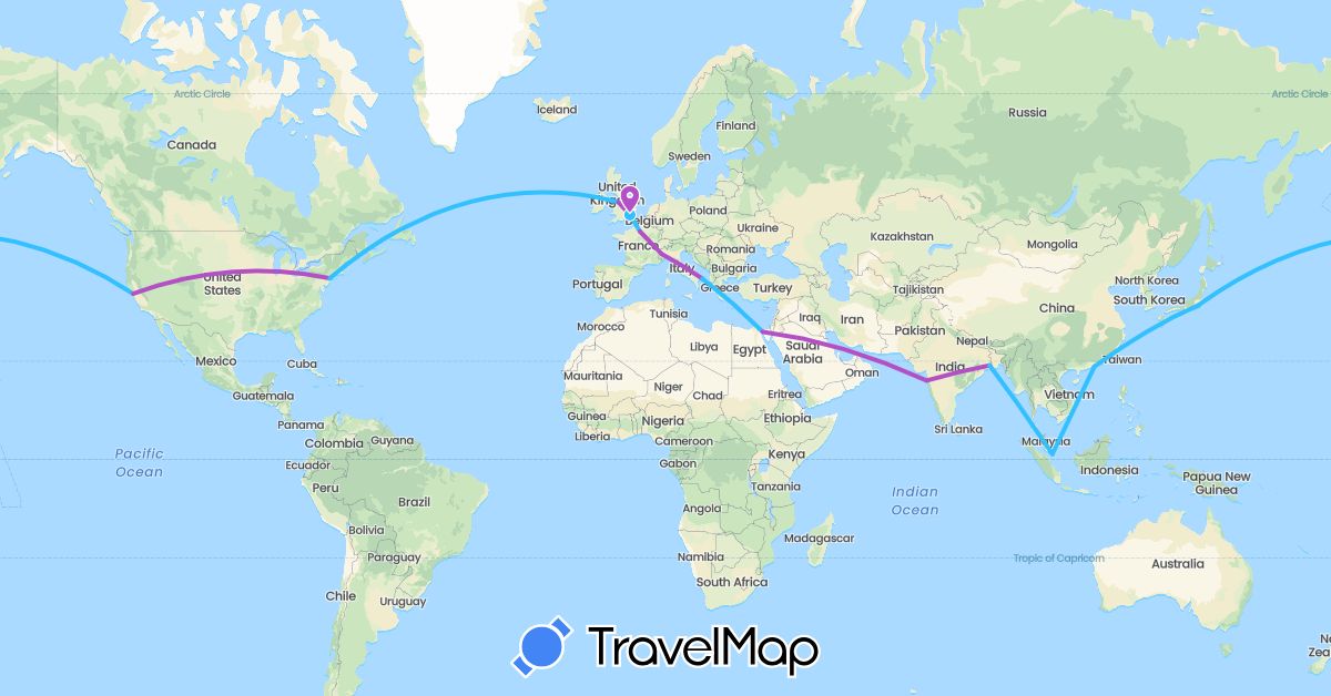 TravelMap itinerary: driving, train, boat in China, Egypt, France, United Kingdom, India, Italy, Japan, Singapore, United States (Africa, Asia, Europe, North America)